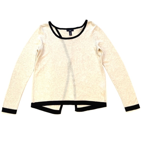 Gap Ivory White & Black Open Back w Fold Over Wrap Split Back Sweater Small EUC - Picture 2 of 7